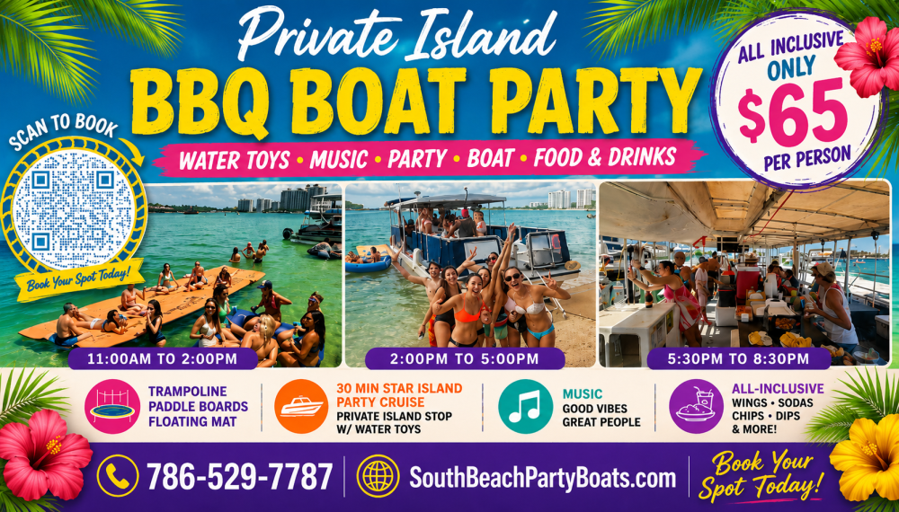 Colorful flyer advertising a BBQ boat party with details, images of people on boats, and pricing info.