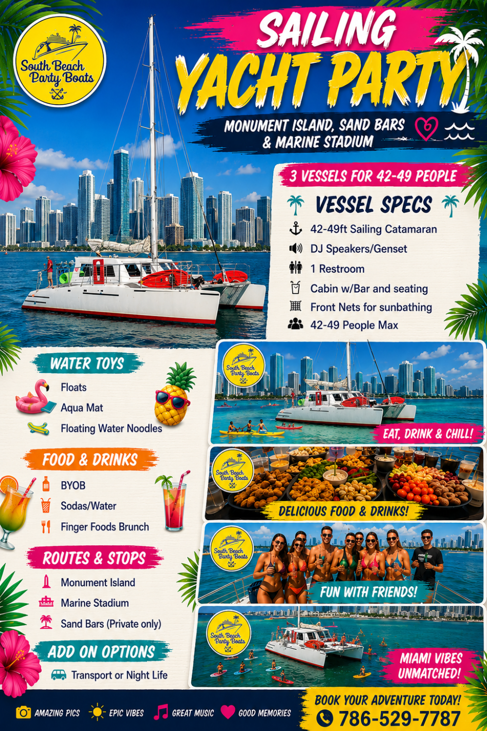 Colorful sailing yacht party flyer with details on vessels, activities, and booking info.