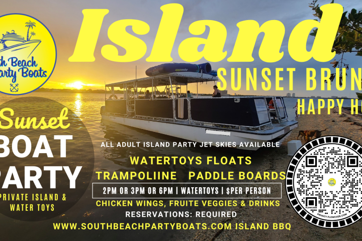 South Beach Party Boats Sunset Island boat on Beach with Words