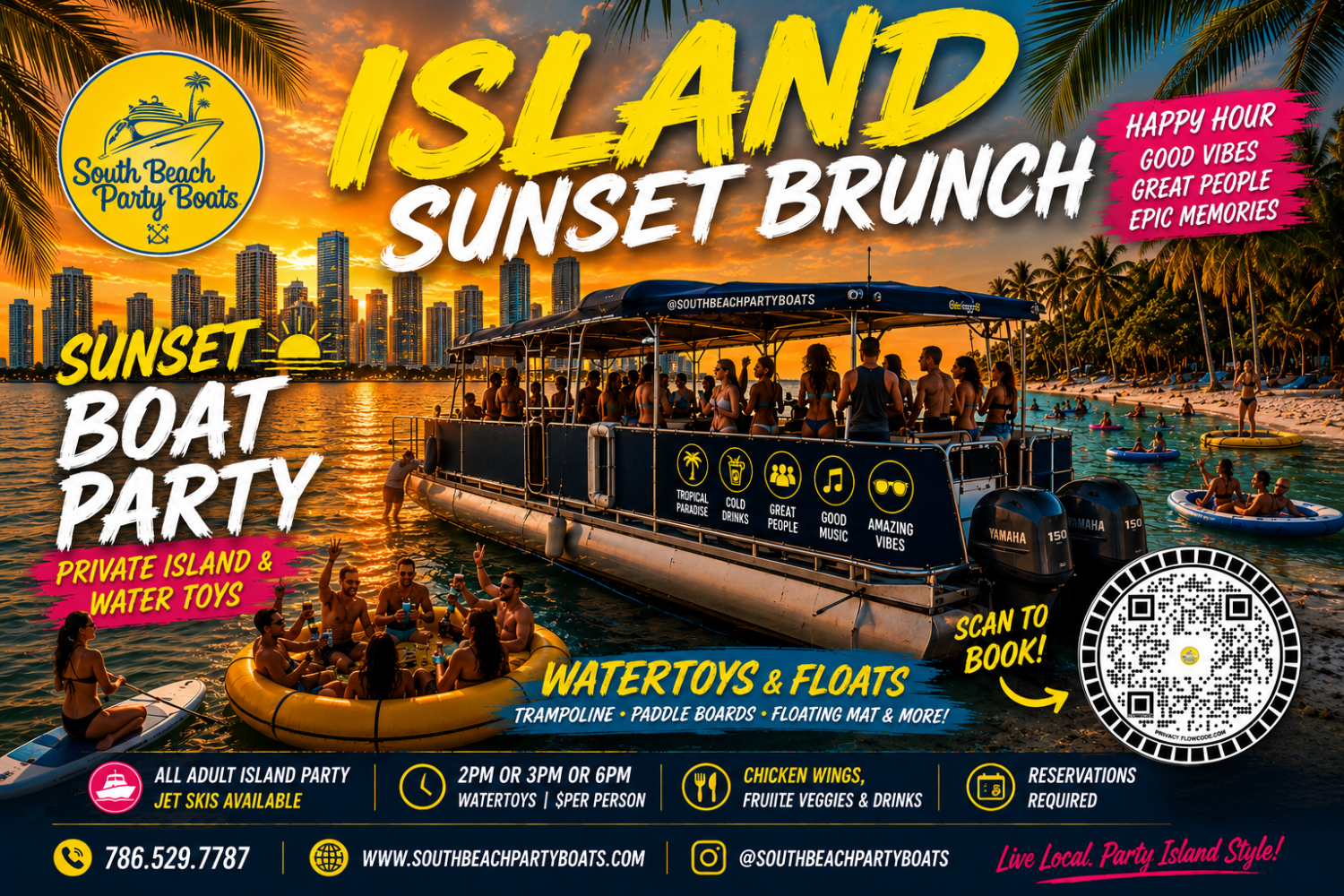Poster for 'Island Sunset Brunch' with a boat party theme and vibrant design.