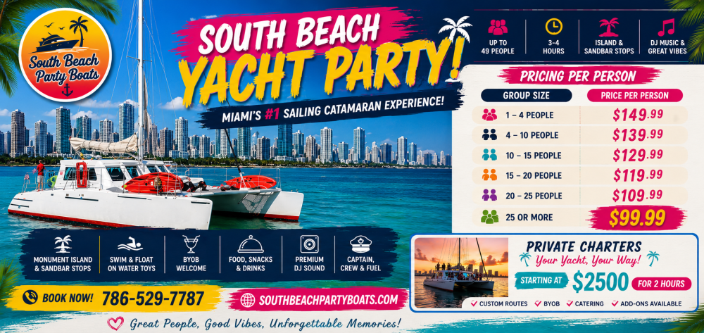 South Beach Yacht Party sailing catamaran cruising Biscayne Bay with the Miami skyline in the background. Group boat party featuring Monument Island, sandbar stops, BYOB, food, drinks, captain, crew, and private yacht charters.