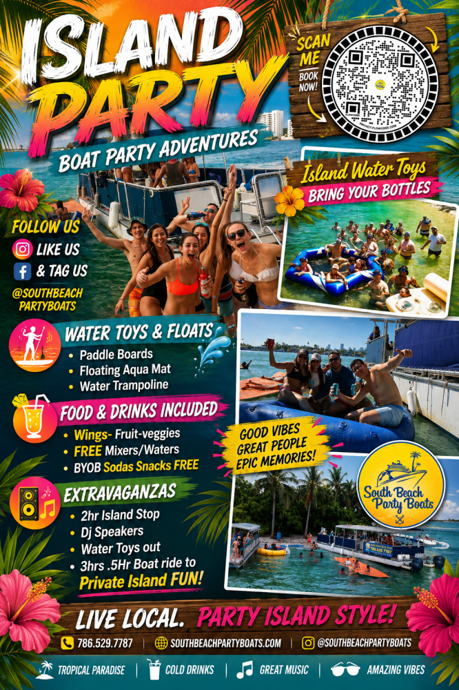 Colorful flyer for a boat party on South Beach with images of people partying and water toys.