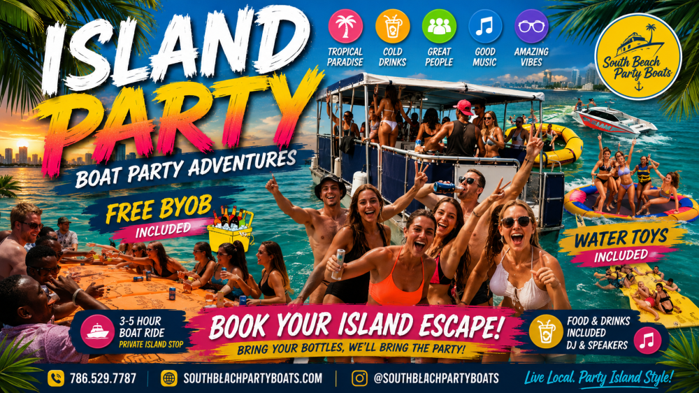 Party boat with people dancing, tropical theme, text promoting boat party adventure with BYOB and water toys.