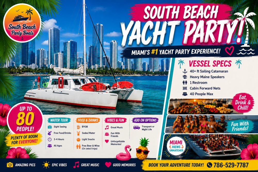 Colorful yacht party ad with Miami skyline, catamaran image, and event details.