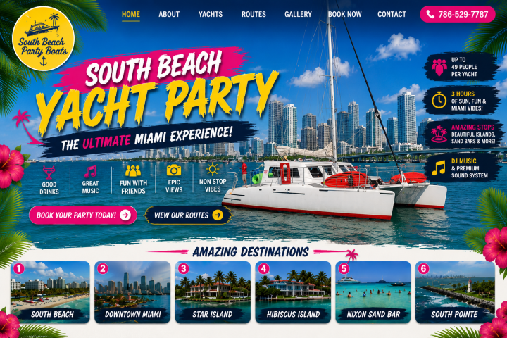 Website for yacht party; city skyline, catamaran, vibrant colors, promotional text, and contact info.