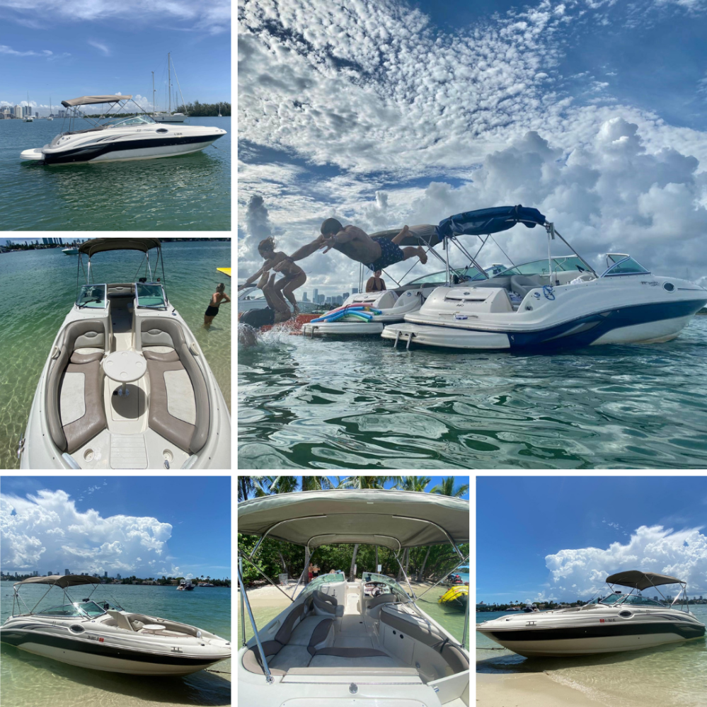 Collage of a Private boat rental in Miami South beach party boats with people playing and blue sky.