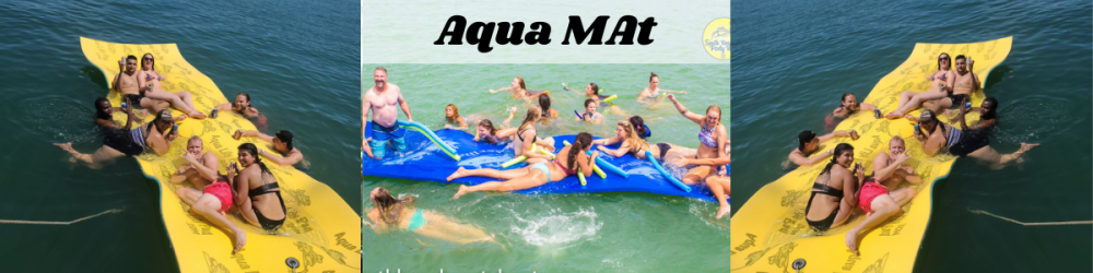 Groups of people relaxing on floating mats on water; text 'Aqua MAT' above.