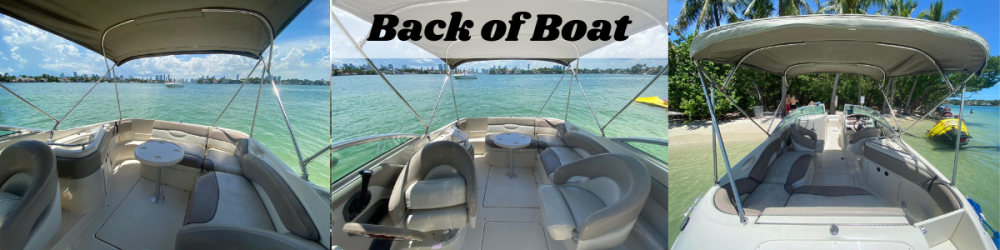 Views of a boat's back with seating and canopy in a tropical setting.