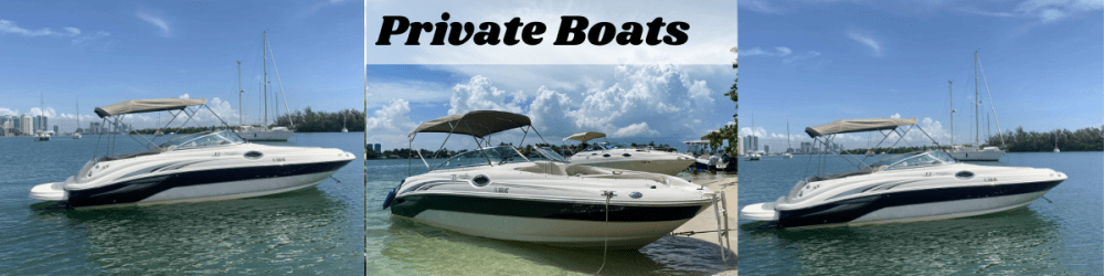 Three images of a motorboat on a calm lake with 'Private Boats' text.
