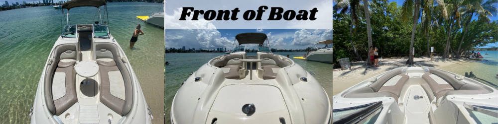 Three images of a motorboat in tropical settings with palm trees and a sandy beach.