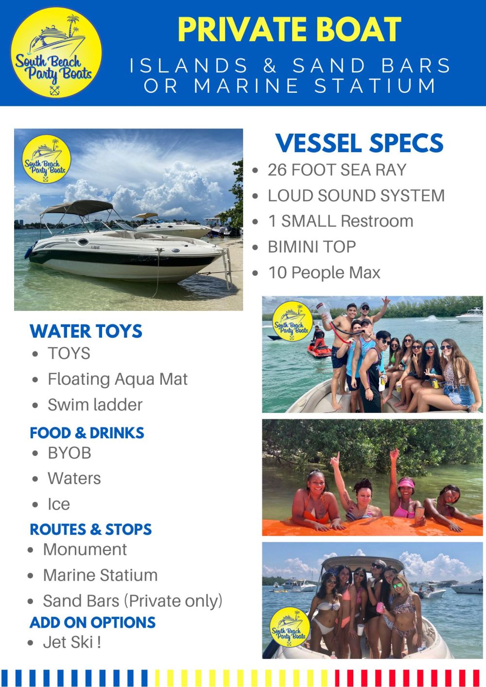 Private boat ad with photos, vessel specs, water toys, food options, routes, and group of people on a boat.