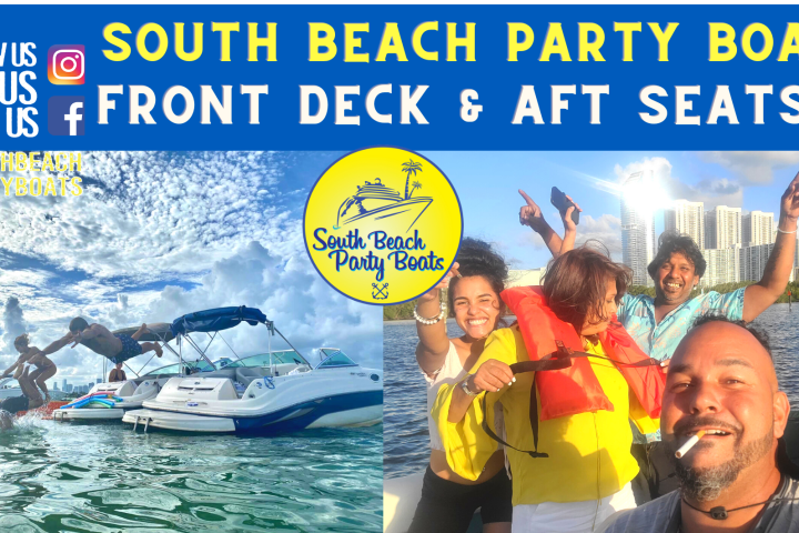 a group of people in Miami on a boat in the water