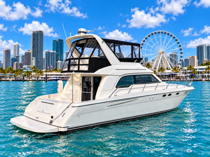 Luxury yacht on water with city skyline and Ferris wheel in background.