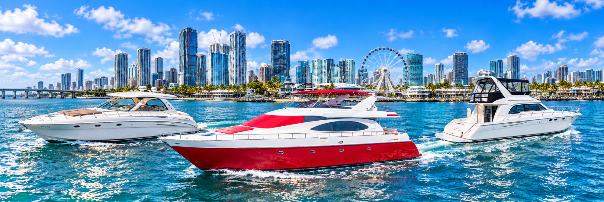 Three yachts on water with a city skyline and Ferris wheel in the background.