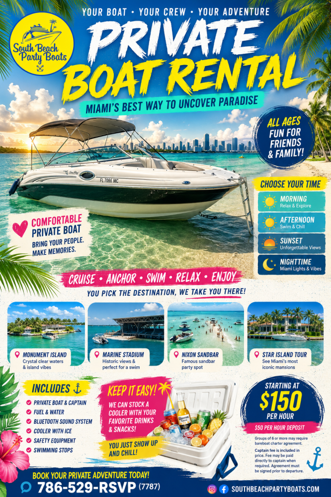 Colorful boat rental flyer with boat image, contact info, and package details.