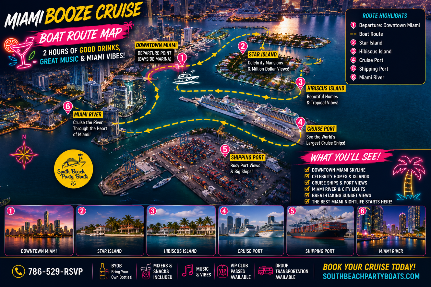 Miami Booze Cruise route map with six stops and event details.