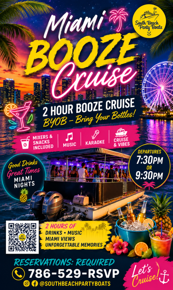 Colorful Miami booze cruise poster with neon lights and tropical drink.