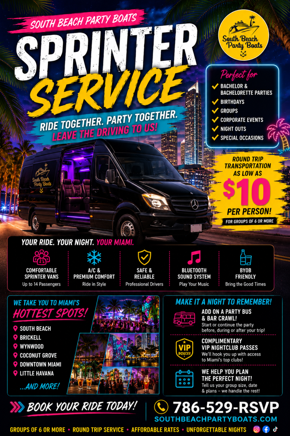 Colorful flyer advertising South Beach Party Boats Sprinter Service with a black van and contact info.