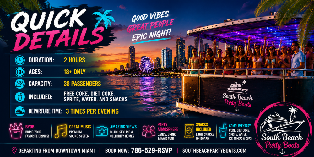 Colorful ad for South Beach Party Boats with city skyline and partygoers.