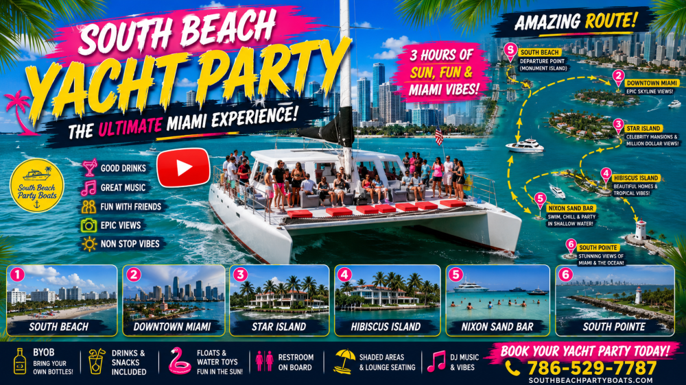 Colorful flyer for a South Beach Yacht Party with images and event details.