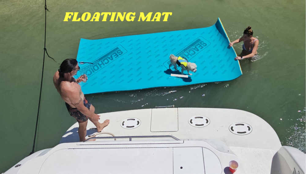 Two people in water near a boat, one holding a large blue floating mat with a dog on it.