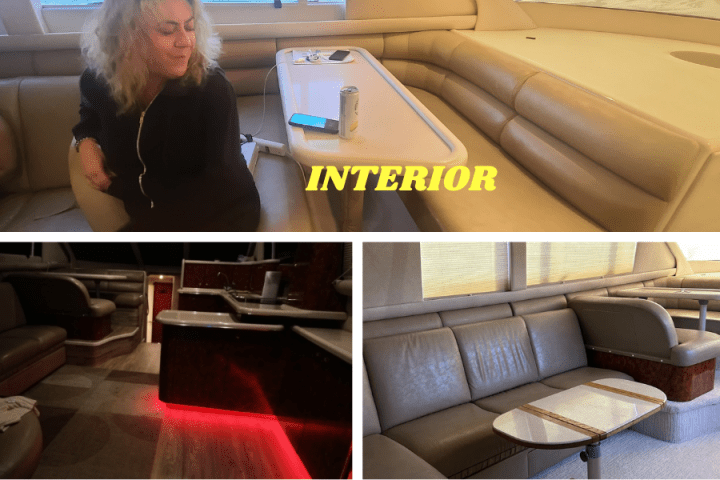 Three images of a boat's interior with beige seating, a woman, and illuminated bar area.