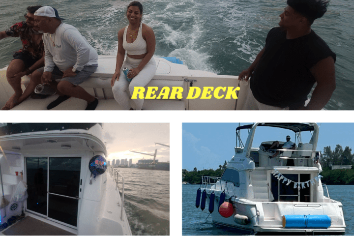 Four people enjoying a boat ride, views of the deck and water.