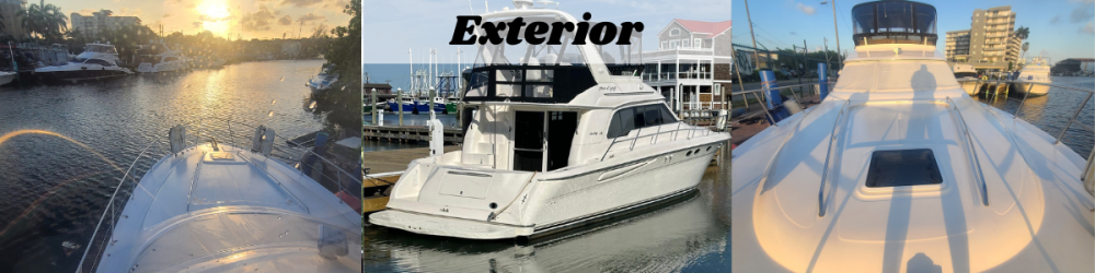 Three images of a boat exterior at sunset and docked at a marina.
