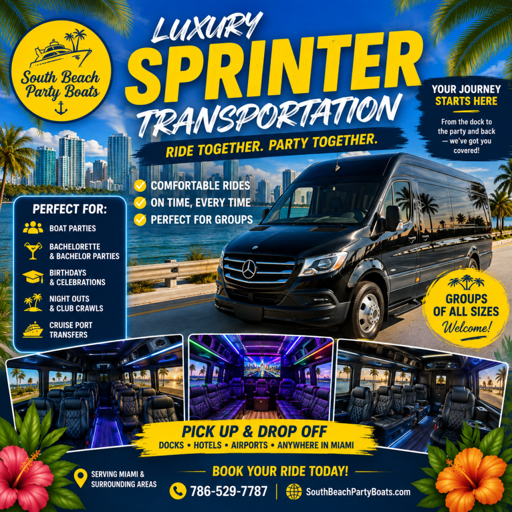 Luxury transportation ad with party bus and interior images, contact info, and service details.
