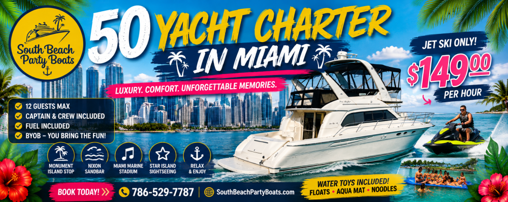 Ad for yacht charter in Miami with boat and pricing details.