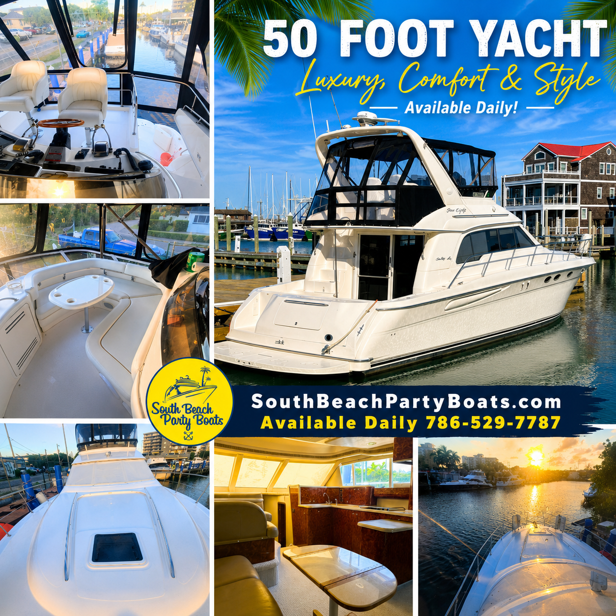 Collage of a luxury yacht with interior and exterior views, promotional text for South Beach Party Boats.