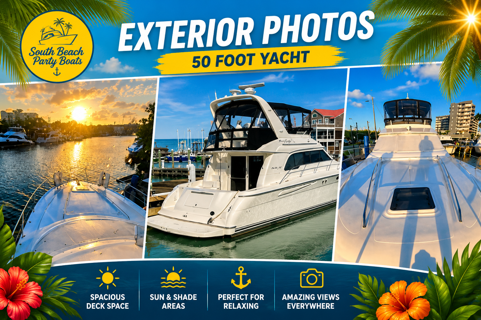 Collage: yacht exterior, sunset deck, docked yacht, palm and hibiscus design.