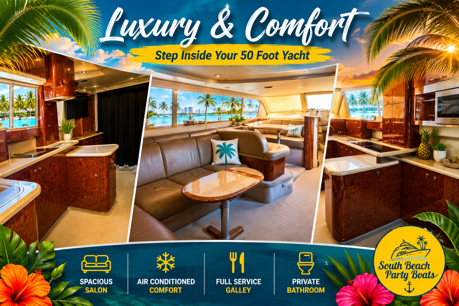 Luxurious yacht interior; spacious salon, comfy seating, full galley, private bathroom. Tropical theme.