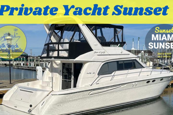 White yacht docked, with 'Private Yacht Sunset' and 'Miami Sunset' text overlay.