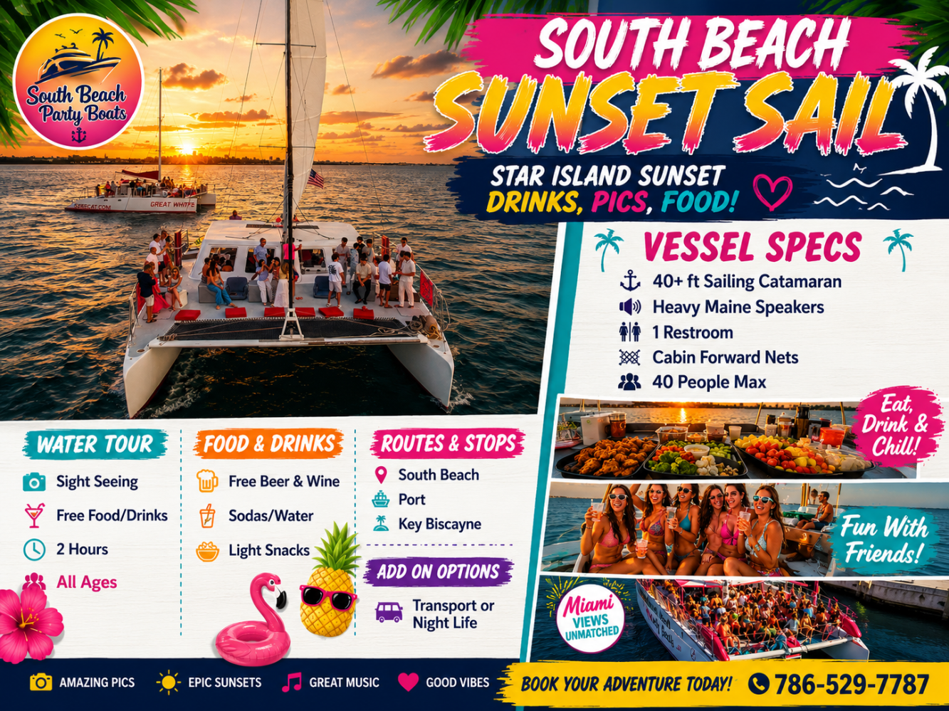 Colorful flyer for South Beach Sunset Sail with images of a catamaran, drinks, food, and group of people.