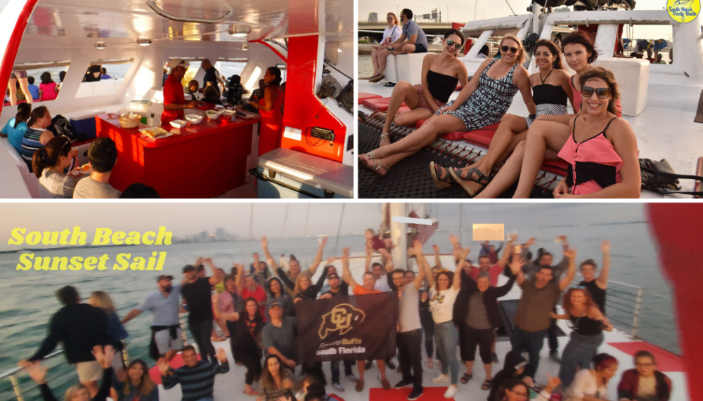 Groups of people enjoying a catamaran sunset sail adventure.