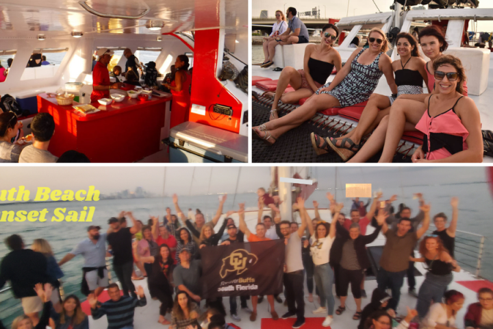 Groups of people enjoying a catamaran sunset sail adventure.