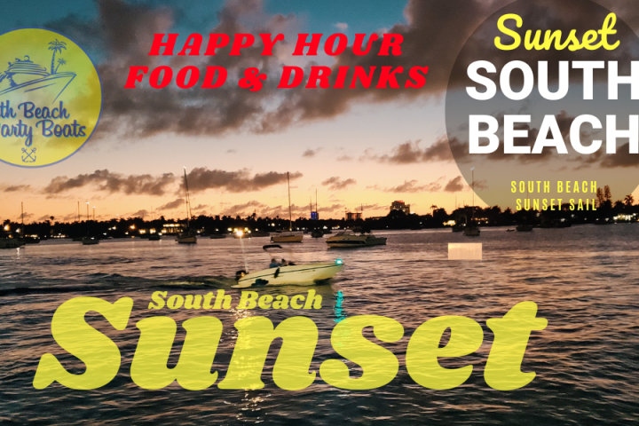 Sunset over water with boats, South Beach Party Boats logo, and 'Happy Hour Food & Drinks' text.