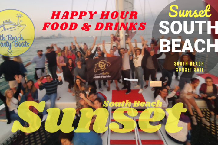 Crowd on a boat enjoying a sunset party with festive banners.