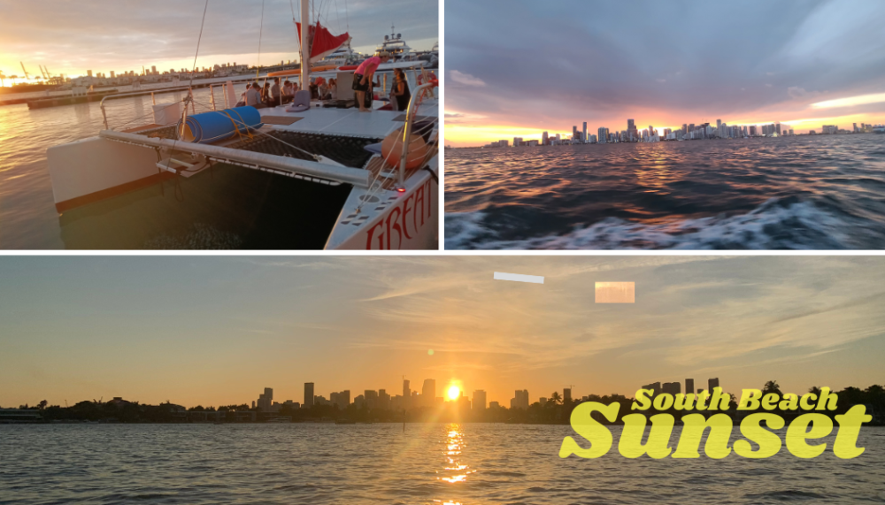 Collage: boat, city skyline at sunset, 'South Beach Sunset' text.