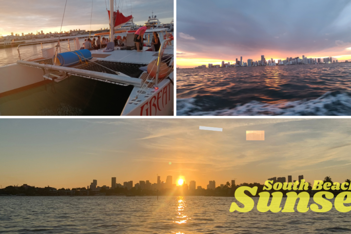 Collage: boat, city skyline at sunset, 'South Beach Sunset' text.