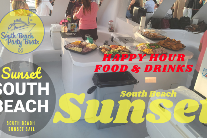 Crowded boat deck with buffet and people, South Beach Party Boats logo.