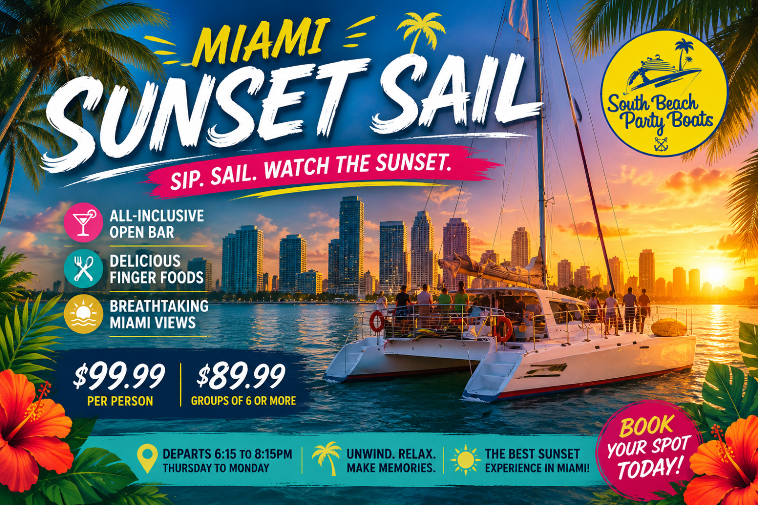 Poster for Miami Sunset Sail with city skyline, sailboat, and sunset.