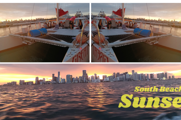 Catamaran at sunset with city skyline and 'South Beach Sunset' text.