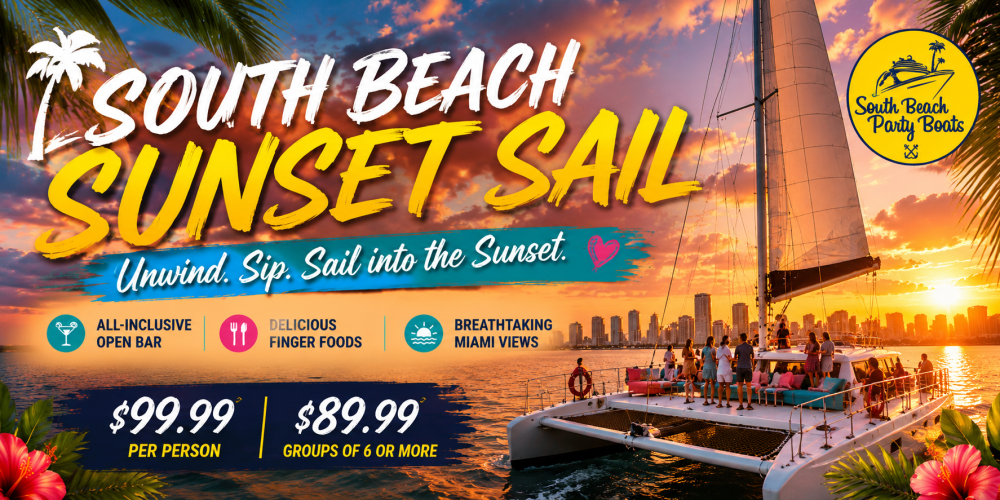 Catamaran at sunset with city skyline, offer details for South Beach Sunset Sail.
