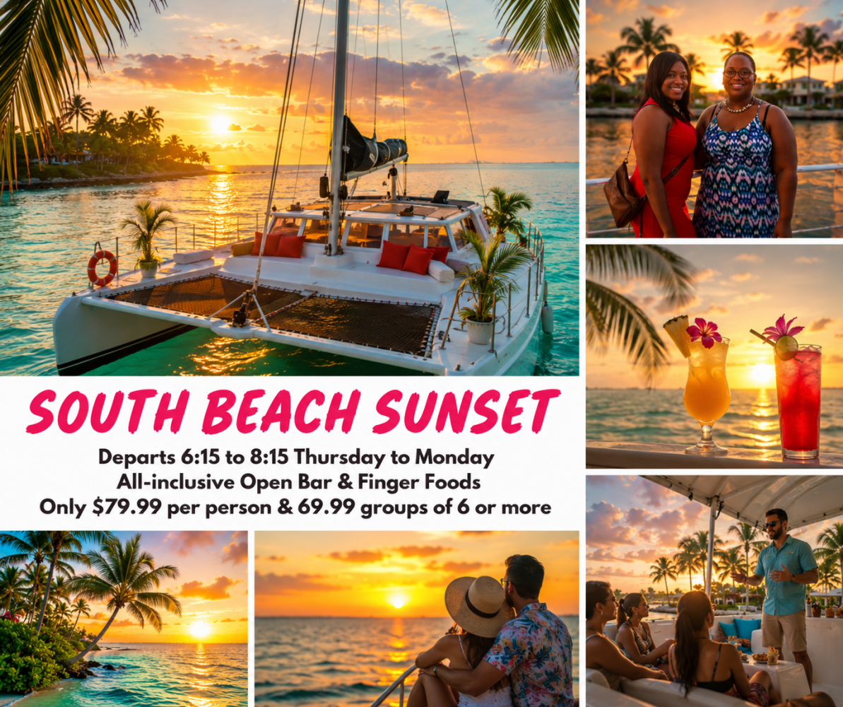 Collage of a sunset cruise with tropical drinks and a group on a catamaran.