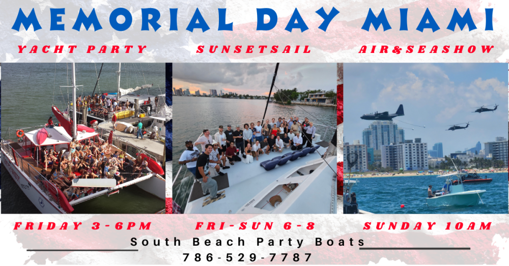 Memorial Day Miami event flyer with yacht, sail, and air show photos.