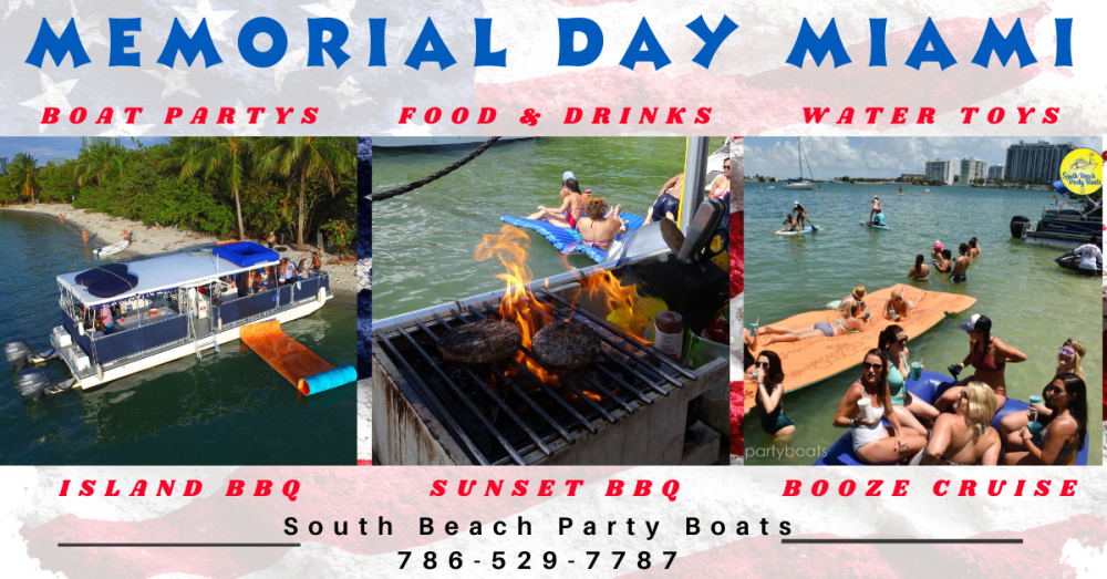 Collage promoting Miami Memorial Day boat parties, BBQ, and cruises with photos of boats and a grill.