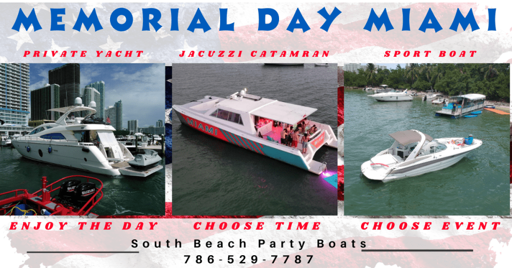Three boats in water: yacht, catamaran, and speedboat with Memorial Day Miami text.