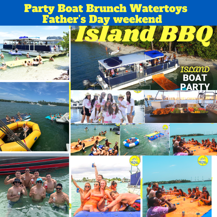 Collage of party boats, people swimming, and island gatherings by water.